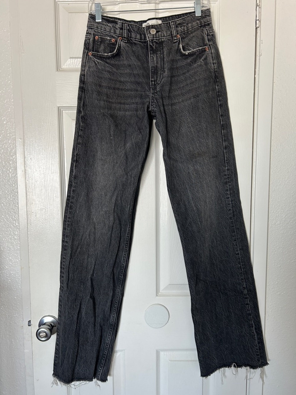 Zara straight leg black wash jeans with raw hem